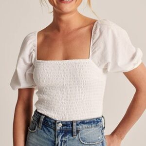 Abercrombie & Fitch White Puff Sleeve Smocked Top